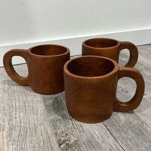 Vintage Teak Wood Mugs Set of 3 | MCM |Hand Carved Barware | Made in Thailand
